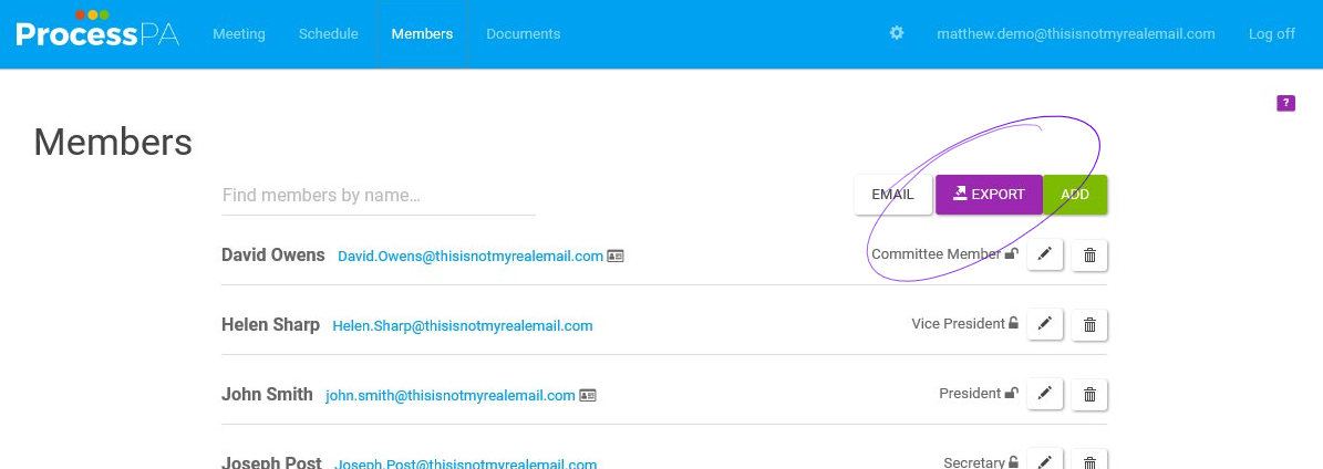 Export members Export members screen