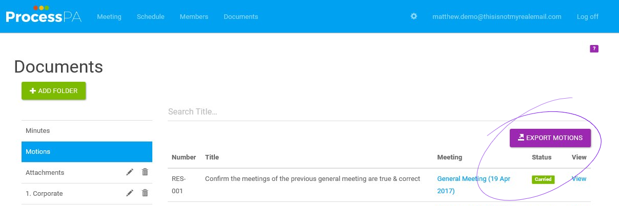 Export Motions Export Motions screen